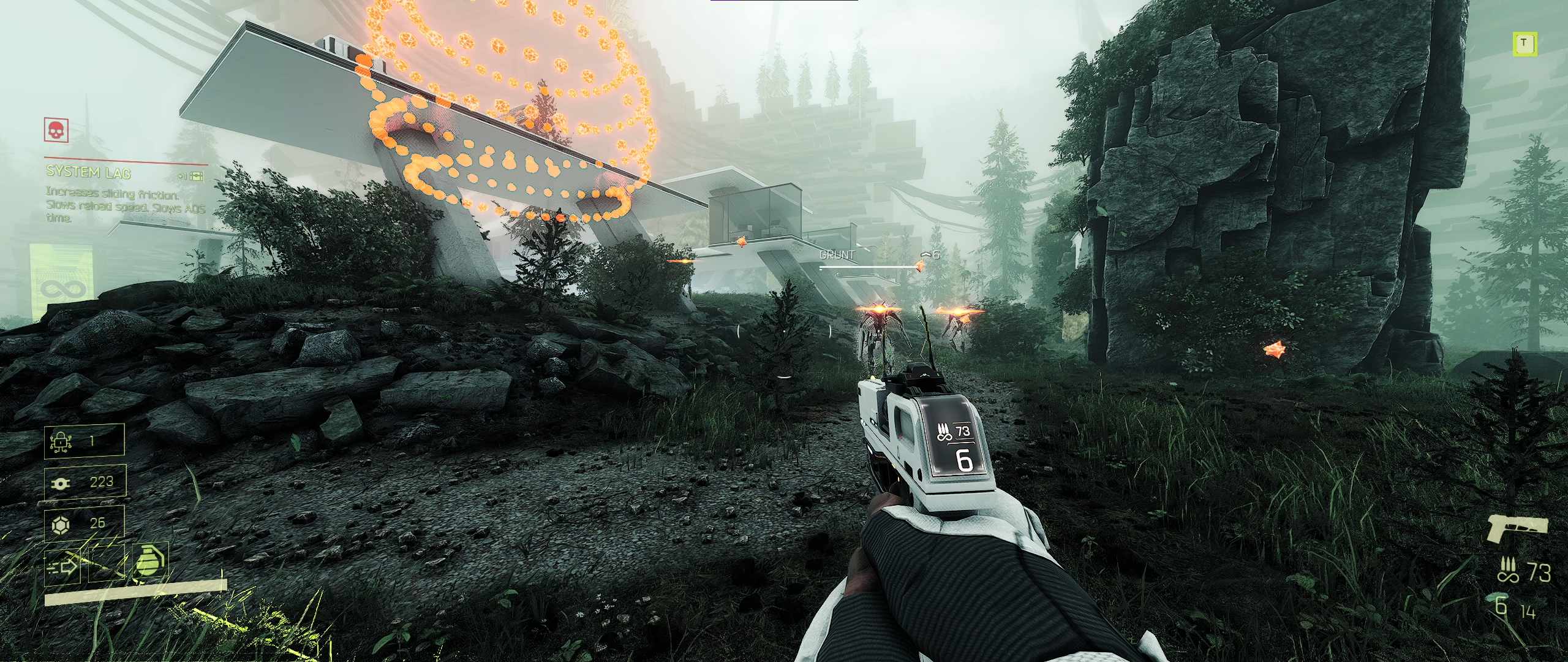 a pistol out against numerous enemies and dangerous red orbs
